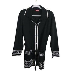 Mother Black Long Line Geometric Cream Trim Belted Cardigan Sweater Size XL